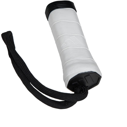 A white cylindrical handle with a black cap and wrist strap, likely for sports equipment like the lightweight adidas ADIDAS Drive Light 3.4 Padel Racket. Textured wrapping on the handle ensures enhanced grip, ideal for beginner padel players.