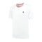 The K-Swiss Hypercourt Mesh Crew 4 Men's Padel T-Shirt in white features a small embroidered logo on the left chest, a neckline with red and black stripes inspired by Hypercourt designs, and short sleeves for a classic look suitable for padel enthusiasts.