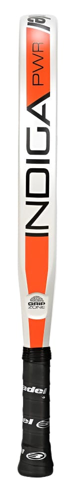A white and orange cricket bat featuring "INDIGA" and "PWR" on the blade, black grip, and "SHOCK ABSORBER GRIP" sticker—reminiscent of the dynamic Bullpadel Indiga Pwr 2025 padel racket from Bullpadel.