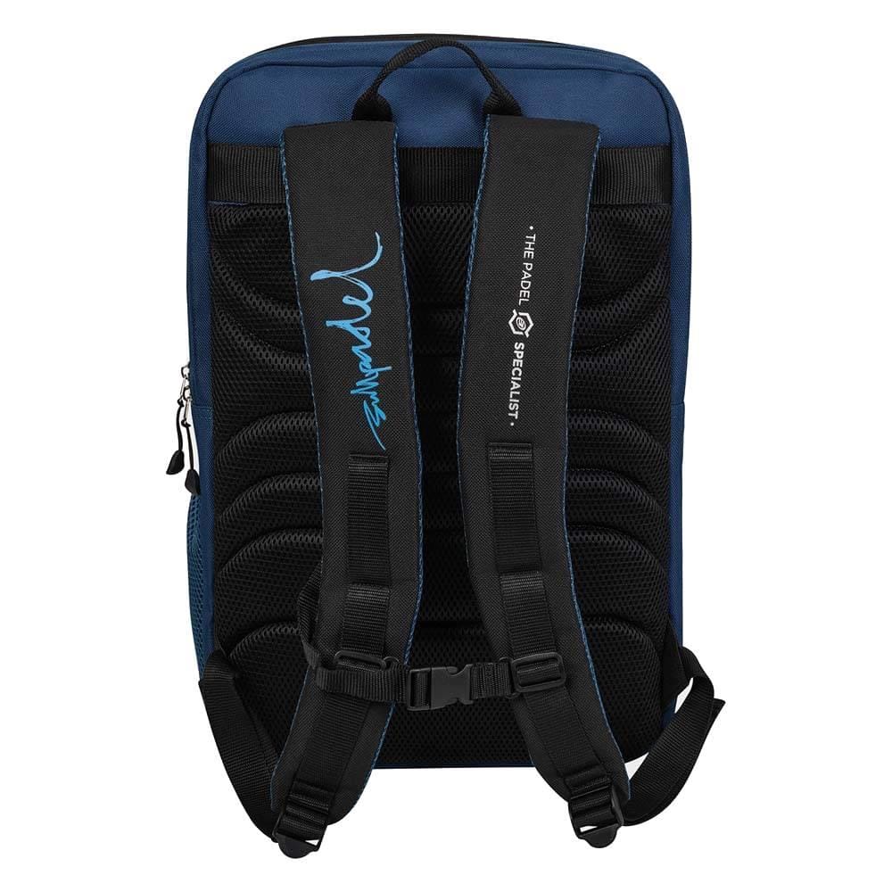A stylish Bullpadel BPM26008 IONIC Padel Backpack in black, shown from the back with padded shoulder straps featuring blue stitching, a signature, and "THE PADEL SPECIALIST" on one strap—ideal for padel players.