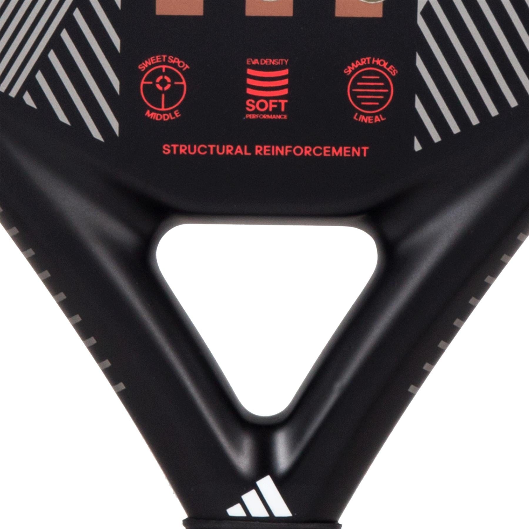 Close-up of the adidas Match 3.3 Black / Red Padel Racket, a teardrop-shaped racket with white stripes, red text highlighting "soft EVA density," "sweet spot middle," and "structural reinforcement." The adidas logo appears at the bottom.