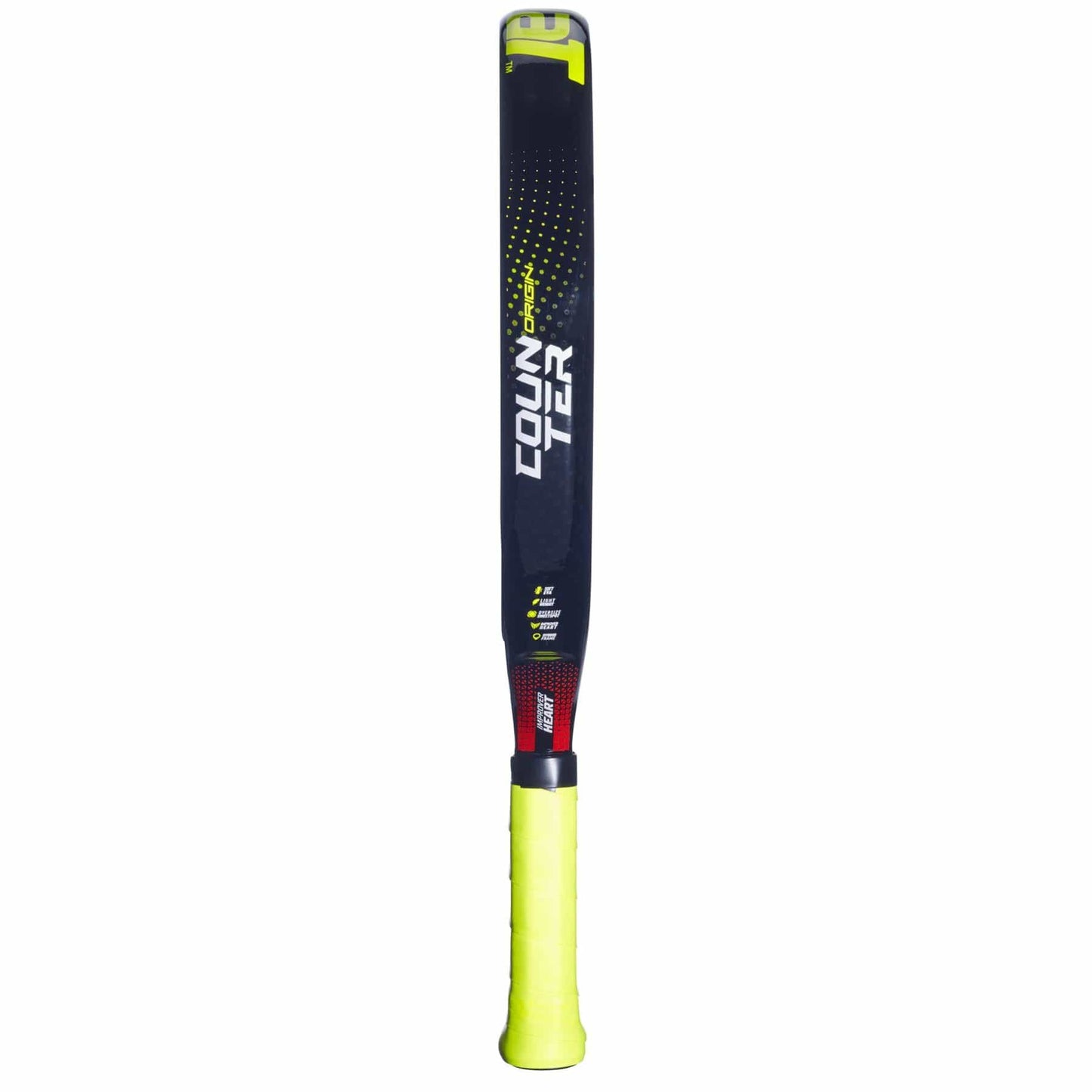 A black Babolat Counter Origin Padel Racket with yellow accents and a yellow grip, featuring "COUNTER" printed in bold white along the side—ideal for beginner players.