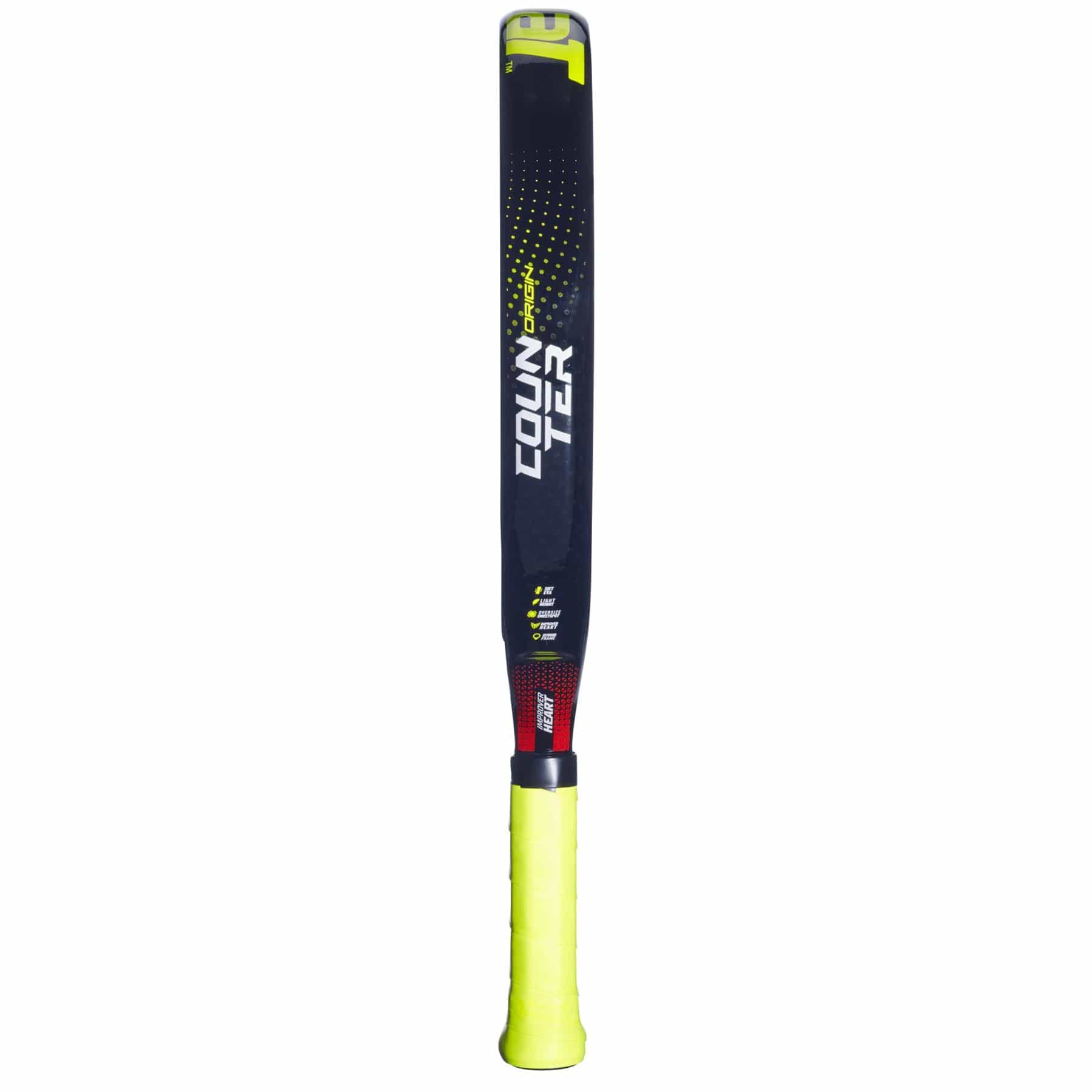 A black Babolat Counter Origin Padel Racket with yellow accents and a yellow grip, featuring "COUNTER" printed in bold white along the side—ideal for beginner players.