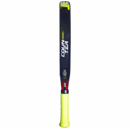 A black Babolat Counter Origin Padel Racket with yellow accents and a yellow grip, featuring "COUNTER" printed in bold white along the side—ideal for beginner players.