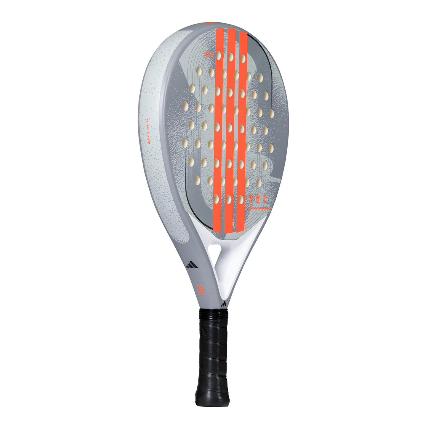 The adidas Drive Grey 3.4 Padel Racket is a gray and white racket with orange stripes, circular holes on the hitting surface, and a black grip—perfect for beginners.