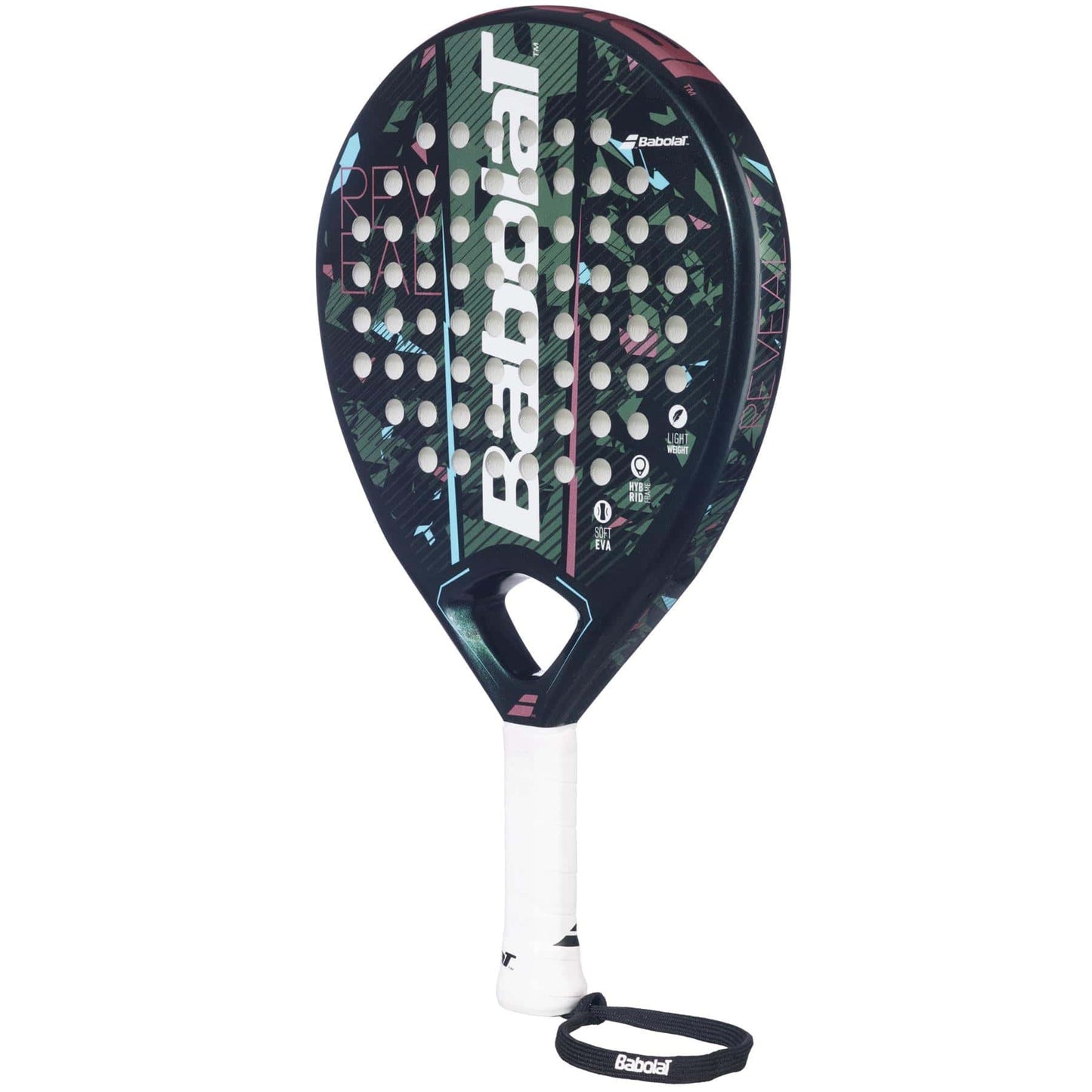 The Babolat Reveal Padel Racket by Babolat is a lightweight racket with a round head, white grip, wrist strap, and a dark multi-colored design featuring the Babolat logo and graphic patterns on the face.