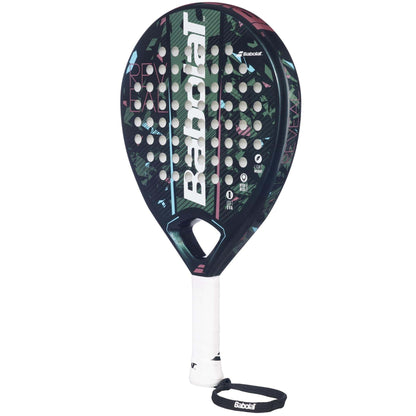 The Babolat Reveal Padel Racket by Babolat is a lightweight racket with a round head, white grip, wrist strap, and a dark multi-colored design featuring the Babolat logo and graphic patterns on the face.