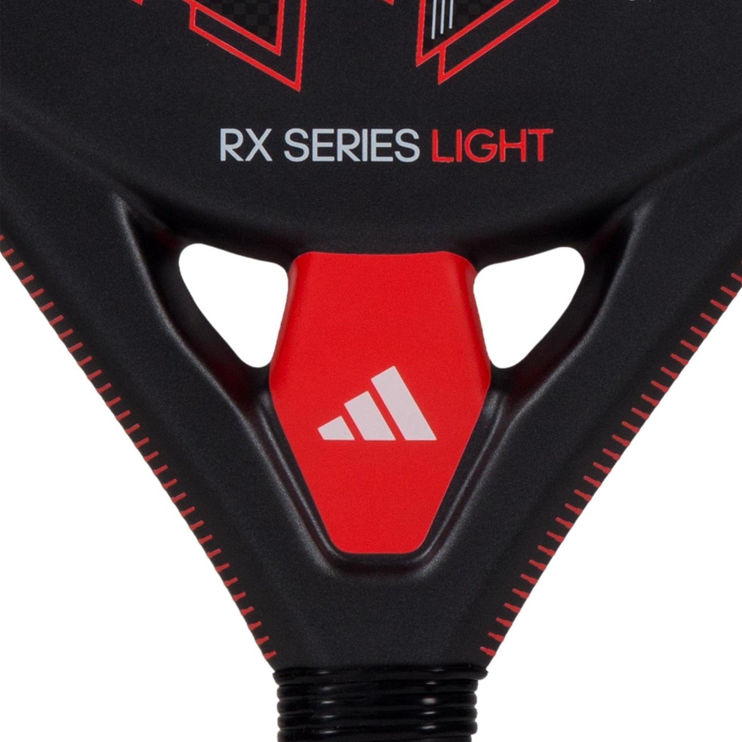 Close-up of the adidas RX Series Light Padel Racket in black and red, featuring a white adidas logo on a red triangular section near the handle, emphasizing its lightweight design.
