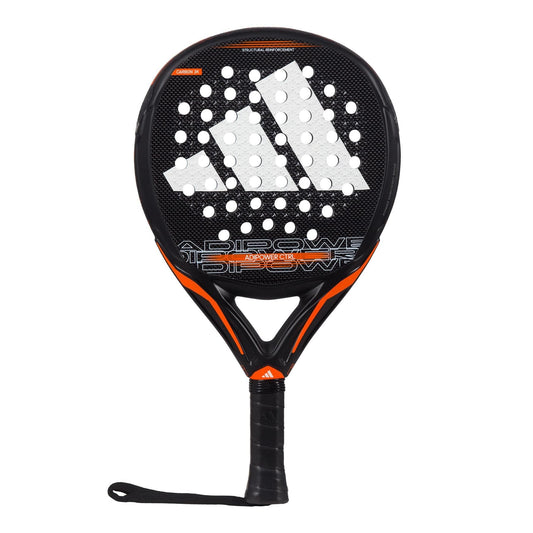 The adidas ADIDAS Adipower CTRL 3.3 Padel Racket is black with a white logo, round perforated head, orange details, and a black grip with wrist strap—perfect for players seeking top control.