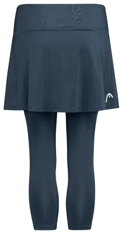 Explore the navy HEAD Club 3/4 Tights Women's Padel Skort with attached knee-length tights for comfort and style. It features a subtle logo and is crafted from Moisture Transfer Microfibre to keep you cool and dry on the court.