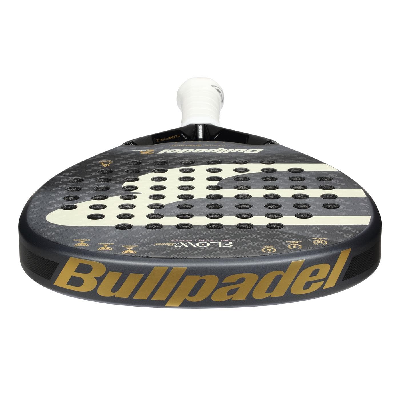 A close-up of the Bullpadel Flow Legend 2026 Padel Racket shows its black face, white handle, circular holes, and bold gold "Bullpadel" branding—featuring Flowforce tech tailored for women.