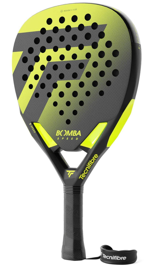 The Tecnifibre Bomba Speed Padel Racket features a black and neon yellow design, Tecnifibre logo, offensive BOOMBA SPEED model name, soft foam face, textured grip, and wrist strap.