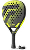 The Tecnifibre Bomba Speed Padel Racket features a black and neon yellow design, Tecnifibre logo, offensive BOOMBA SPEED model name, soft foam face, textured grip, and wrist strap.