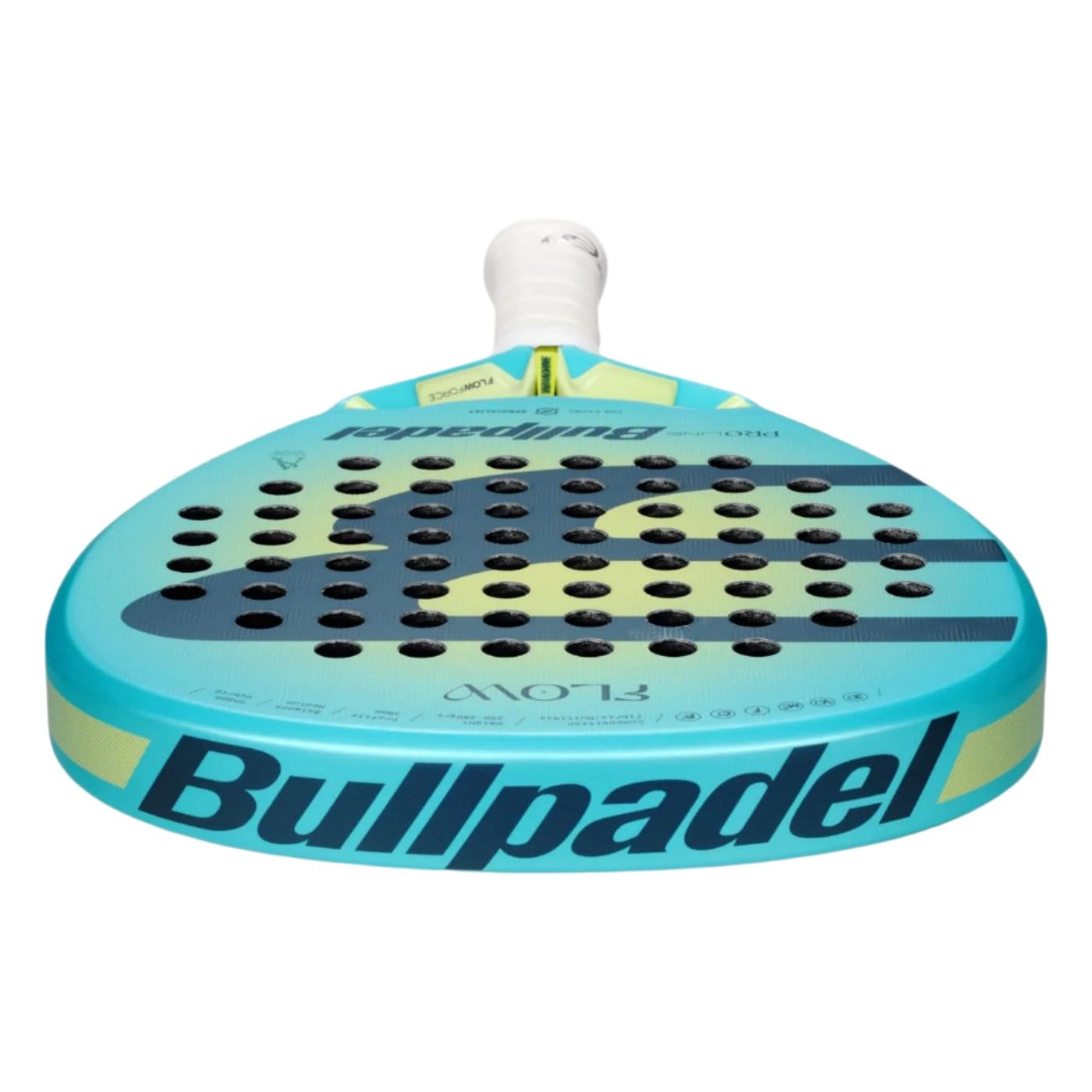 A close-up of the Bullpadel Flow W 2025 Padel Racket in turquoise and yellow, showing its perforated surface, branding, white grip handle, and FLOWFORCE technology, photographed from a low angle.