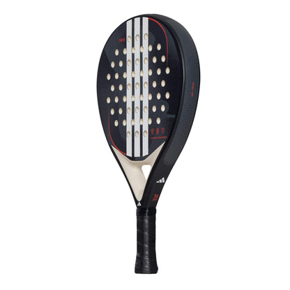 The adidas ADIDAS Drive Black 3.4 Padel Racket is a black beginner racket with white and red accents, a perforated face with circular holes, a thick frame, and a wrapped black grip handle—ideal for new players.