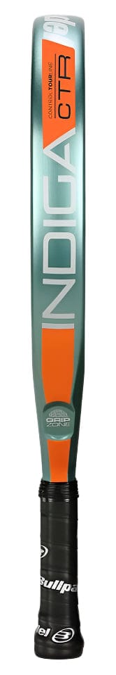 The Bullpadel Indiga Ctr 2025 Padel Racket by Bullpadel features a green and orange design, visible branding and model name on the face, an ultralight construction, and a black grip at the handle.
