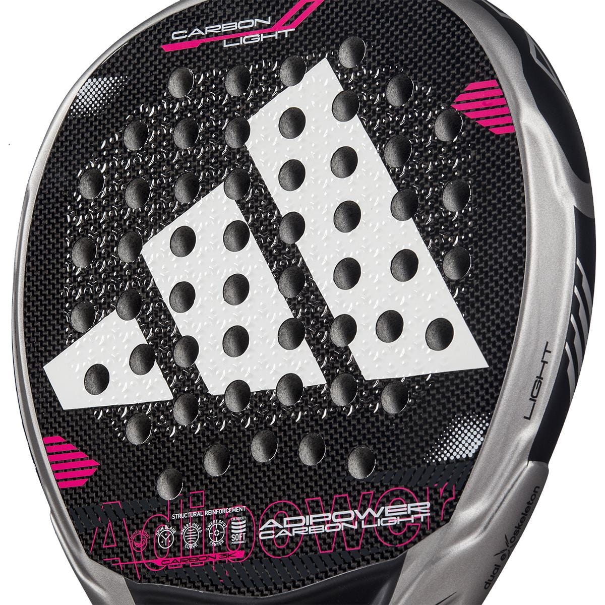 Close-up of the adidas ADIDAS Adipower Carbon Light 3.4 Padel Racket, showcasing a large white adidas logo, pink accents, and circular holes. "Carbon" and "light" on the frame emphasize its premium lightweight design.
