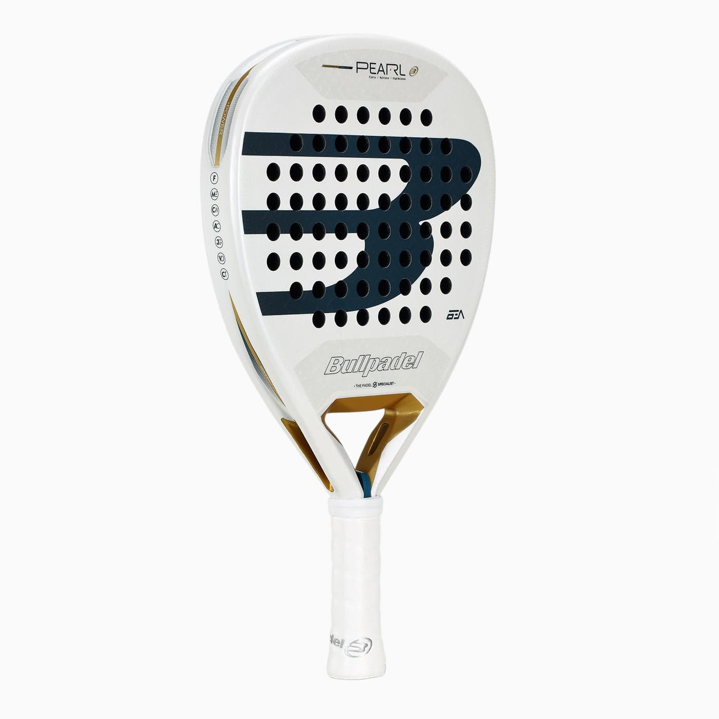 The Bullpadel Pearl 2026 Padel Racket features a white design with black holes, gold accents, and a large "B" on the face. This lightweight racket from Bullpadel has a white grip and is designed to reduce arm fatigue for comfortable play.