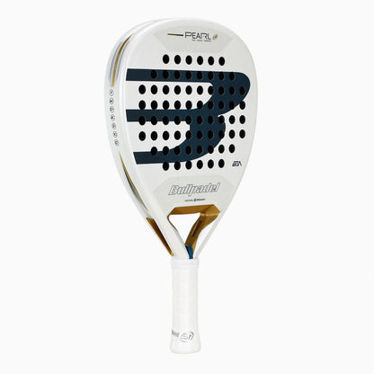 The Bullpadel Pearl 2026 Padel Racket features a white design with black holes, gold accents, and a large "B" on the face. This lightweight racket from Bullpadel has a white grip and is designed to reduce arm fatigue for comfortable play.