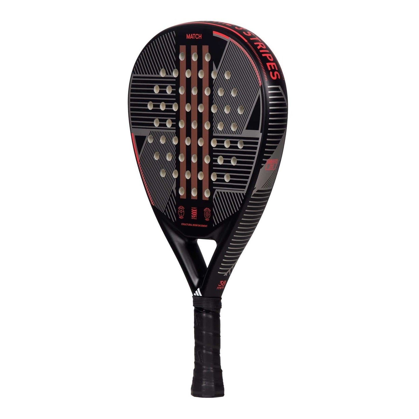 The adidas Match 3.3 Black / Red Padel Racket features a teardrop design with bold stripes, perforations, and "MATCH" near the top—ideal for beginners thanks to its comfortable, textured grip handle.