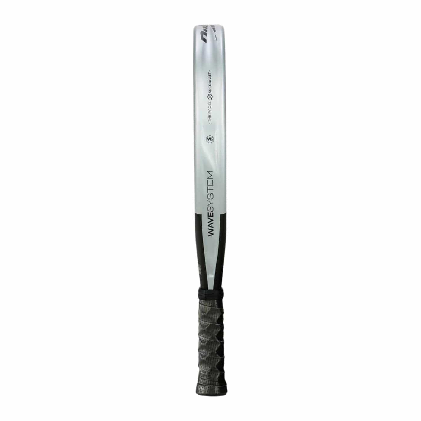 A metallic silver baseball bat with a black grip handle stands vertically against a white background. Its sleek style is reminiscent of the Bullpadel Neuron 2025 Padel Racket by Bullpadel, with "WAVE SYSTEM" and other markings on its barrel.