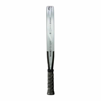 A metallic silver baseball bat with a black grip handle stands vertically against a white background. Its sleek style is reminiscent of the Bullpadel Neuron 2025 Padel Racket by Bullpadel, with "WAVE SYSTEM" and other markings on its barrel.