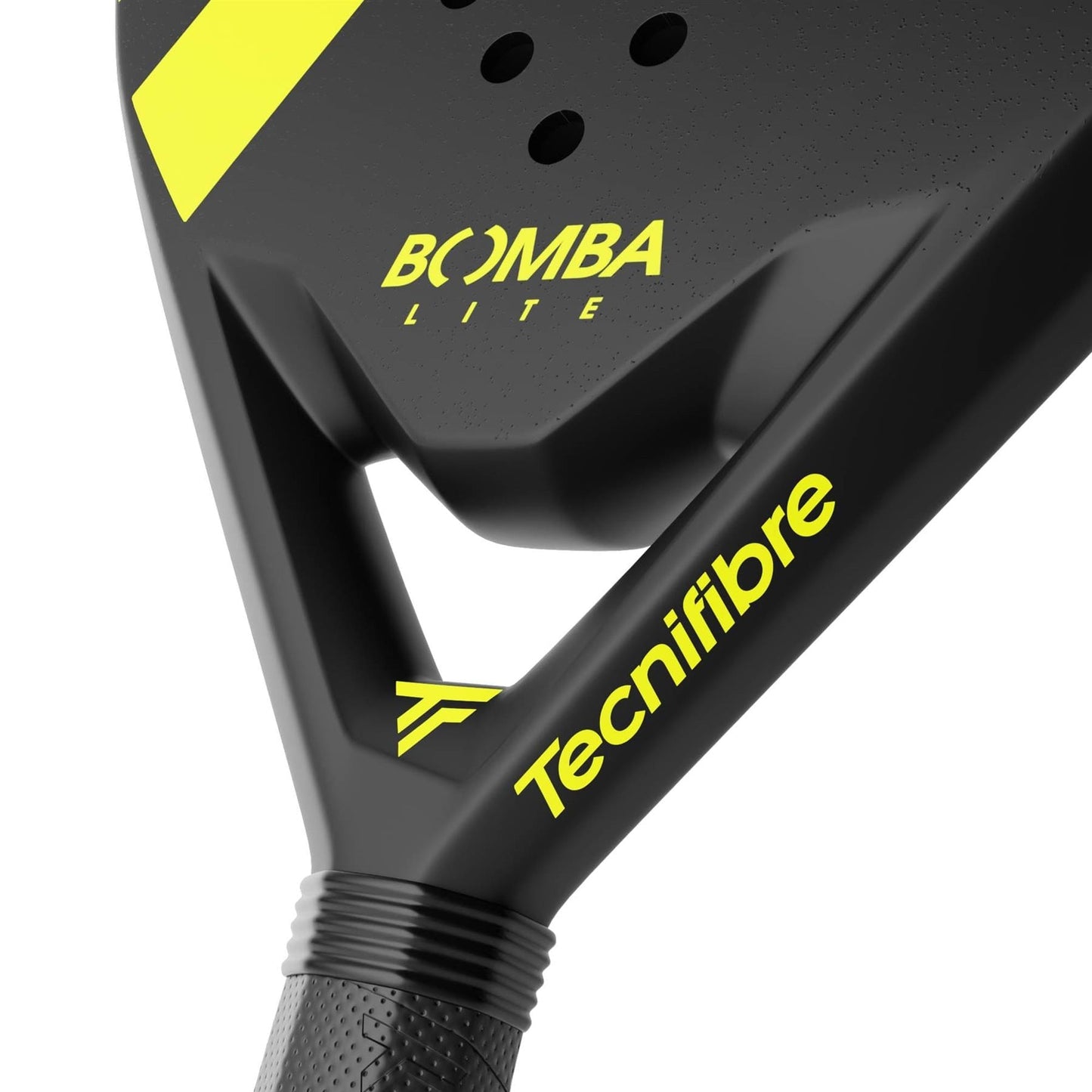 Close-up of the Tecnifibre Bomba Lite Padel Racket shows "BOMBA LITE" on the paddle and "Tecnifibre" on the handle, highlighting its fibreglass face, textured surface, and distinctive design details.