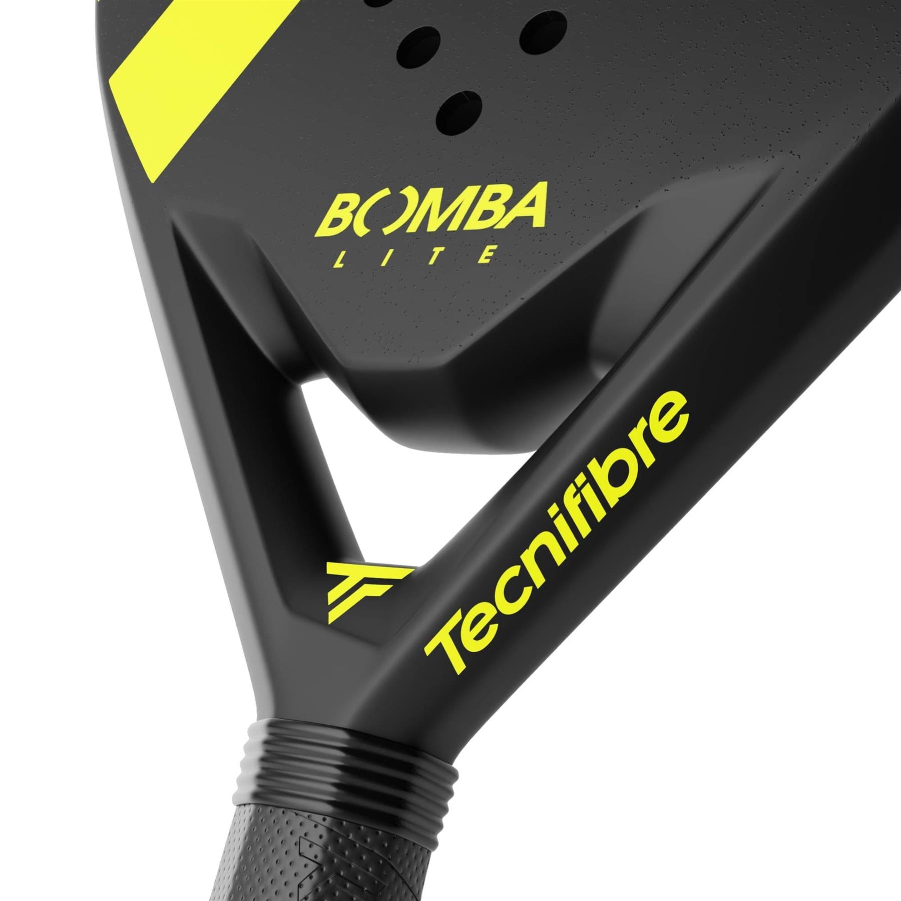 Close-up of the Tecnifibre Bomba Lite Padel Racket shows "BOMBA LITE" on the paddle and "Tecnifibre" on the handle, highlighting its fibreglass face, textured surface, and distinctive design details.