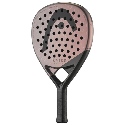 The HEAD Speed Motion 2025 Padel Racket features a teardrop-shaped face with a large HEAD logo, black handle, "SPEED" text, matte black and metallic pink finish, evenly spaced holes, and advanced Auxetic 2.0 technology.