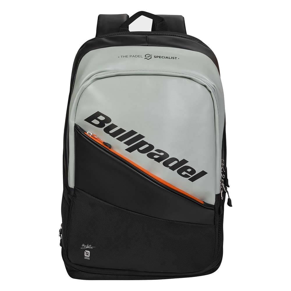 The Bullpadel BPM26002 Hack Padel Backpack in grey features bold diagonal “Bullpadel” branding, a spacious front pocket, orange zipper accents, and is designed for Paquito Navarro fans.