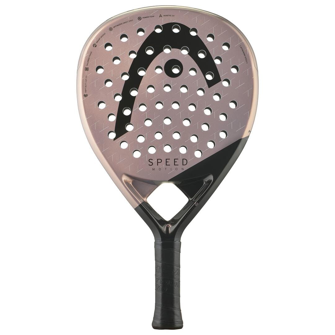 The HEAD Speed Motion 2025 Padel Racket features a modern teardrop shape, light pink and black design, perforated face with multiple holes, Auxetic 2.0 technology, and "SPEED" printed near the center.