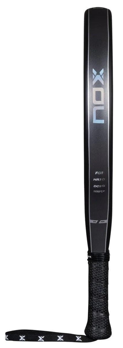 The NOX X-One Advance Series Padel Racket - Black features the NOX brand name displayed vertically, a textured grip, HR3 rubber core, and a black wrist strap with white X patterns.