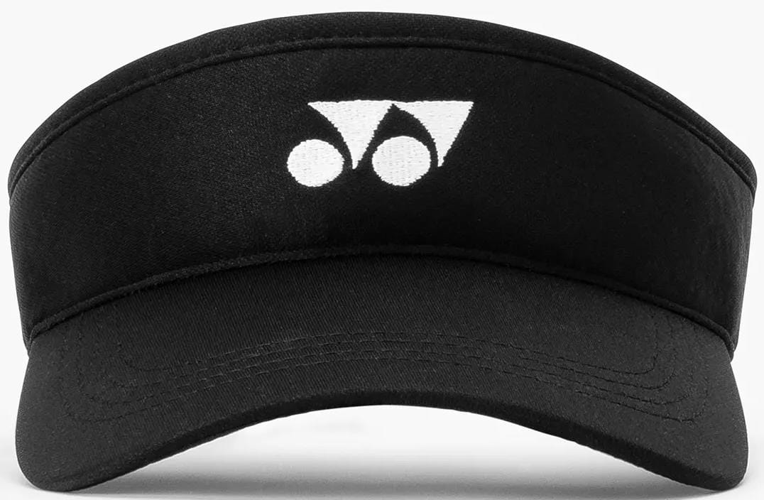 The Yonex 40126EX Padel Visor in black, made from breathable polyester, features an adjustable fit and a white Yonex logo at the front center. Displayed against a plain light background.
