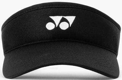The Yonex 40126EX Padel Visor in black, made from breathable polyester, features an adjustable fit and a white Yonex logo at the front center. Displayed against a plain light background.