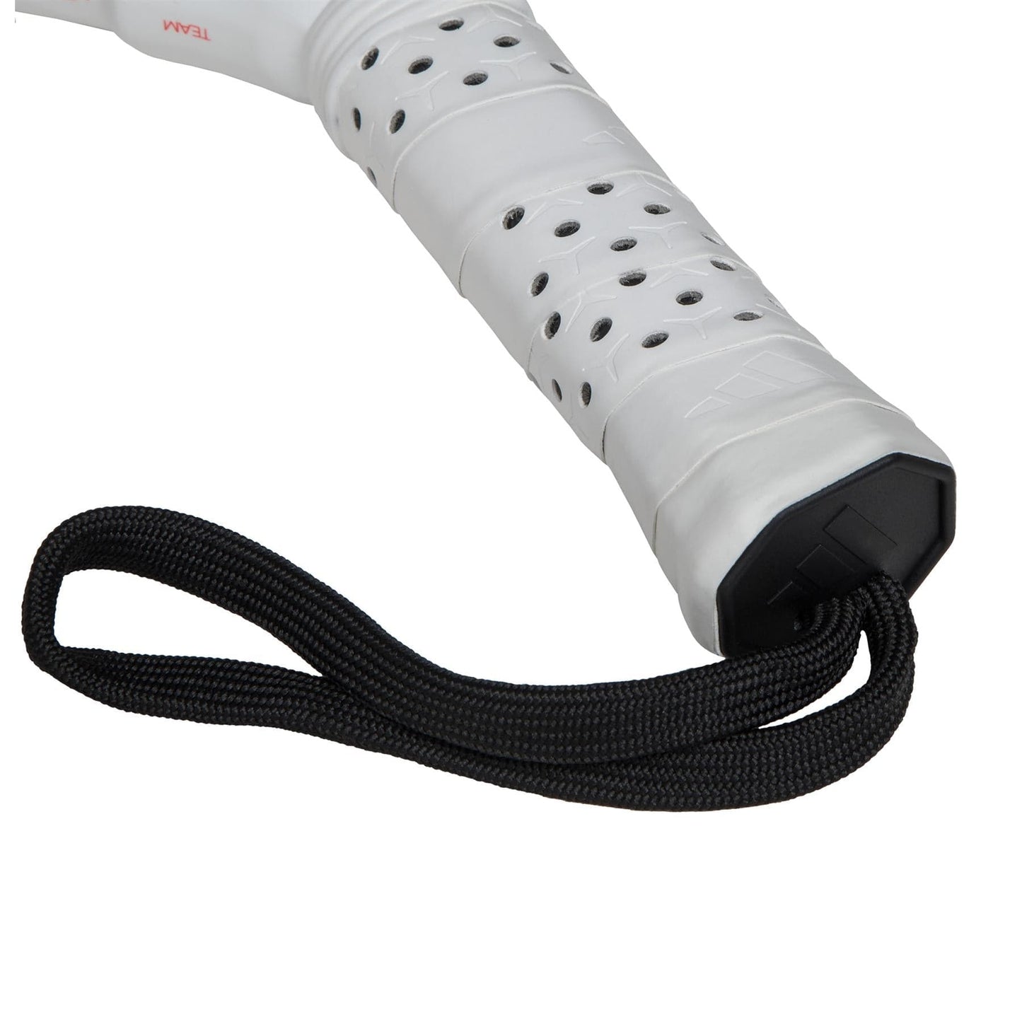 Close-up of the white, perforated handle on the adidas Metalbone Team 3.4 Padel Racket, featuring a black wrist strap for added comfort and control during aggressive play.