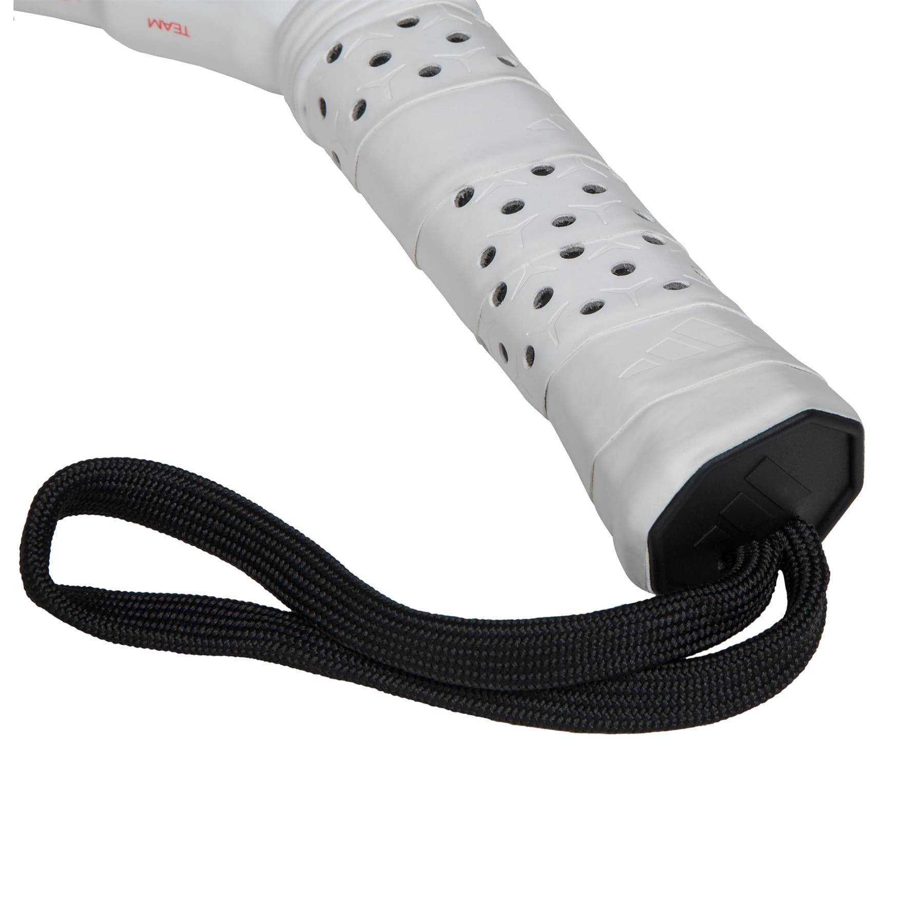 Close-up of the white, perforated handle on the adidas Metalbone Team 3.4 Padel Racket, featuring a black wrist strap for added comfort and control during aggressive play.