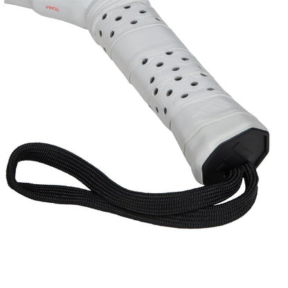 Close-up of the white, perforated handle on the adidas Metalbone Team 3.4 Padel Racket, featuring a black wrist strap for added comfort and control during aggressive play.