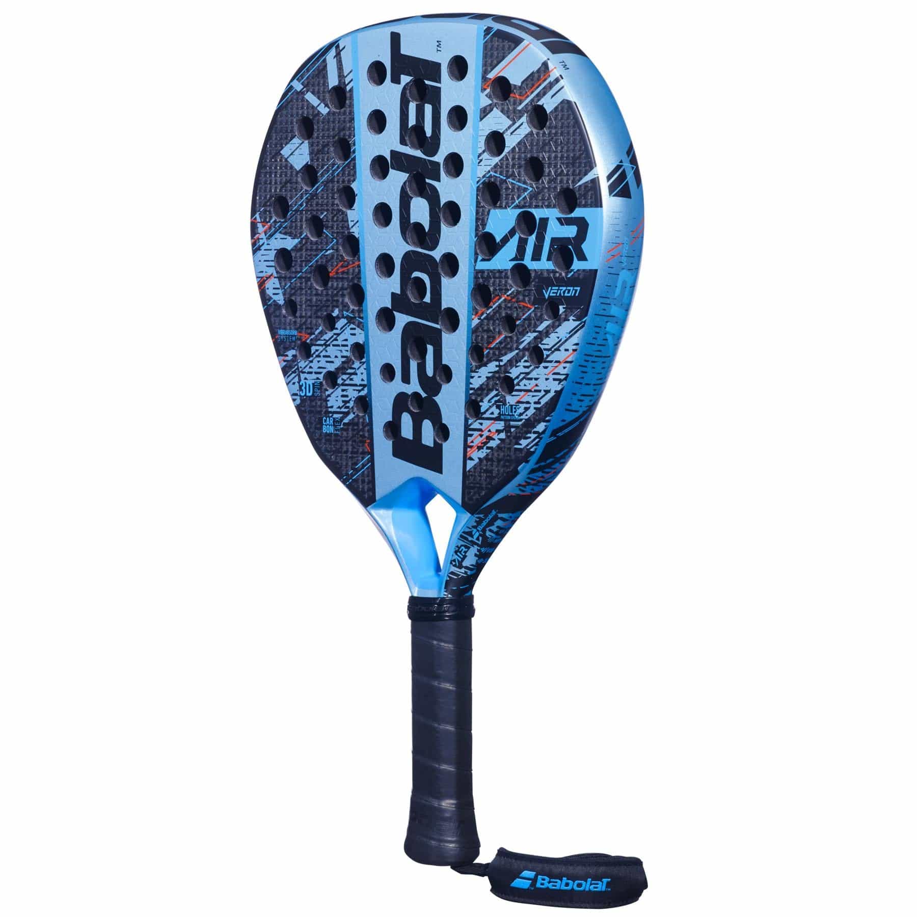 The Babolat Air Veron Padel Racket features a blue and black design, textured surface, teardrop head shape, black grip with wrist strap, Babolat logo, modern geometric style, and "VERTUO" on the face for dynamic power.