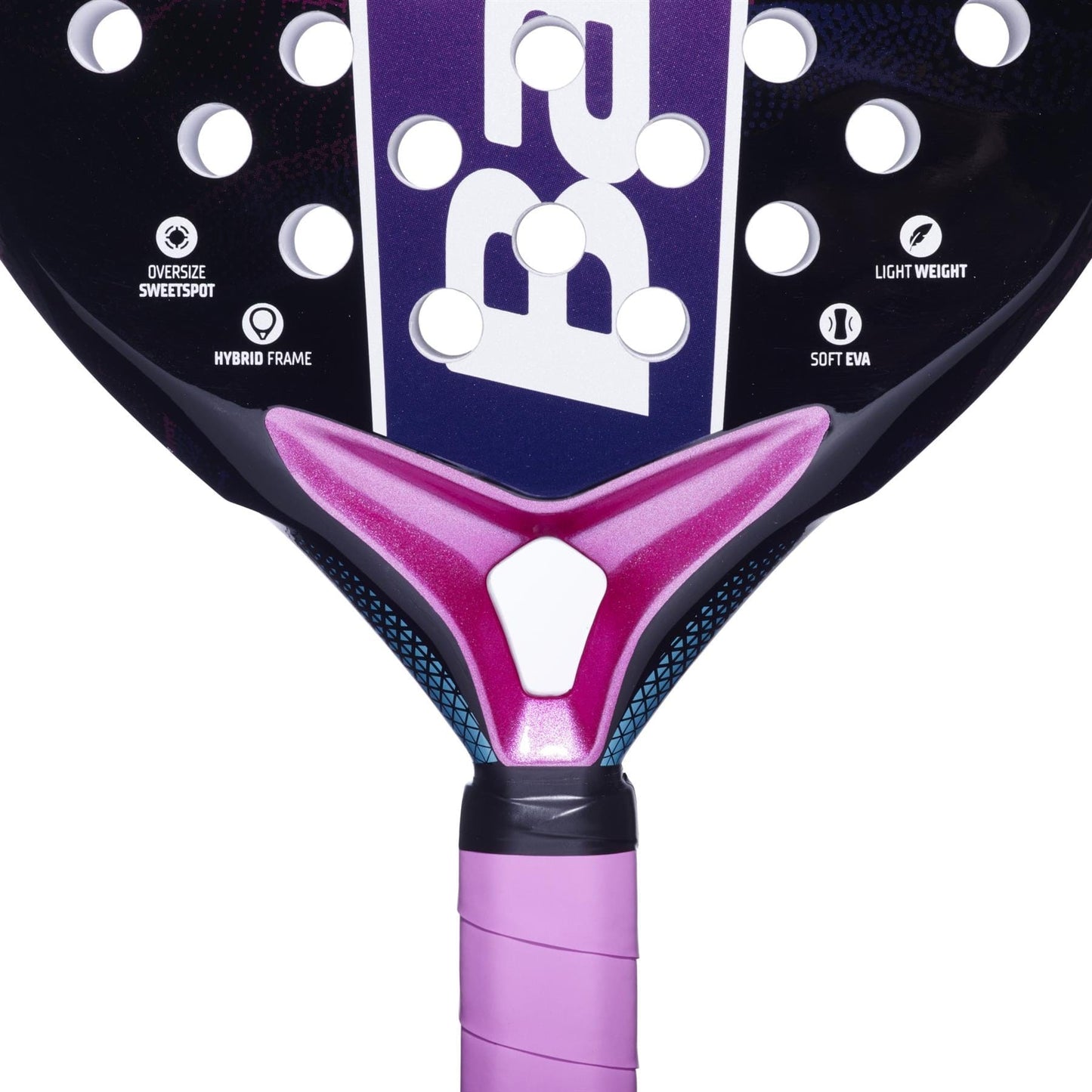 Close-up of the Babolat Stima Vita Padel Racket, a lightweight model with a purple and black design and pink grip. Icons highlight its beginner-friendly features: oversized sweet spot, hybrid frame, soft EVA. Partially visible bold white Babolat branding.