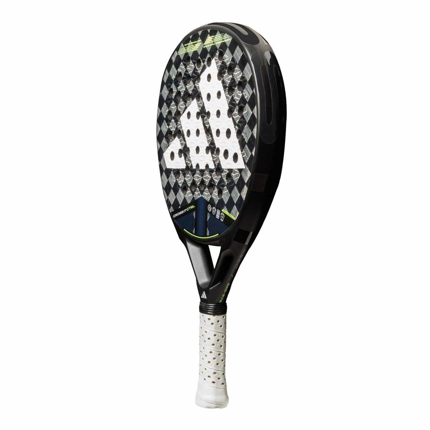 The adidas ADIDAS Cross It CTRL 3.4 Padel Racket features a black and grey Carbon 15K face, perforated surface, white logo, and white grip handle, displayed against a white background.