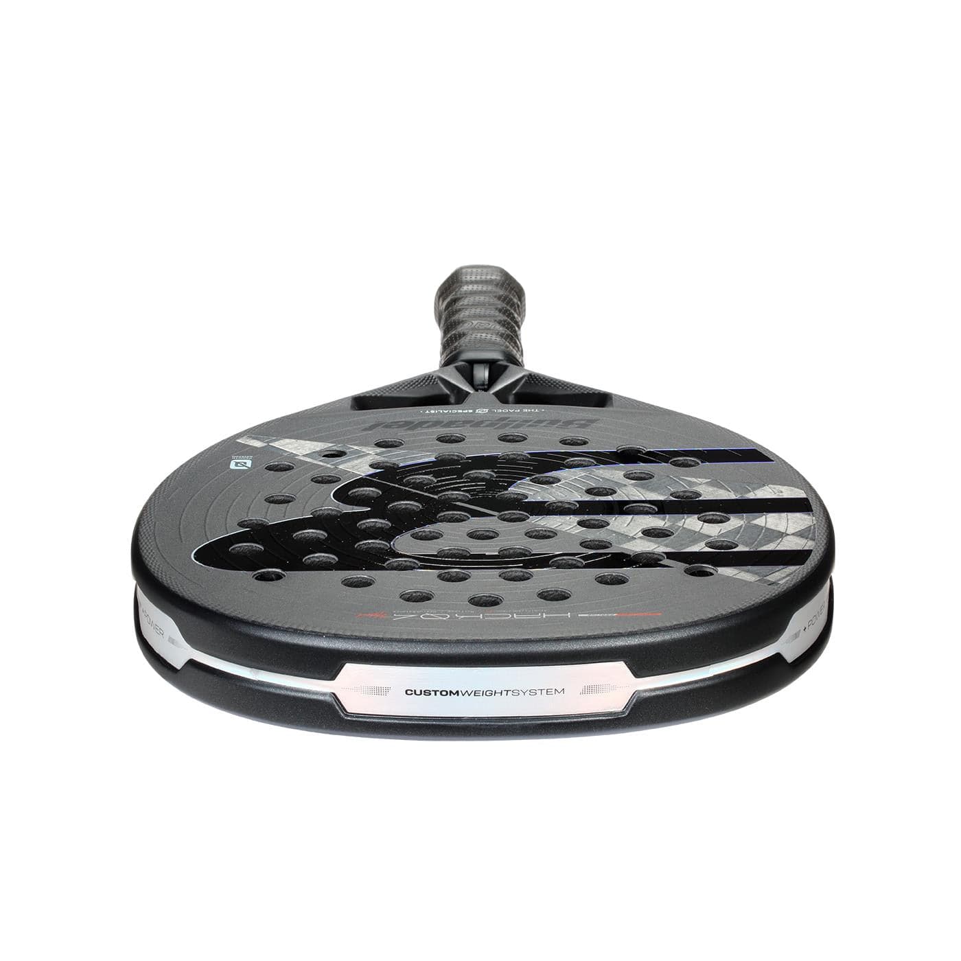 A close-up of the Bullpadel HACK 04 Hybrid 2026 Padel Racket shows its perforated surface, textured grip, sleek design, and Total Channel technology on the face.