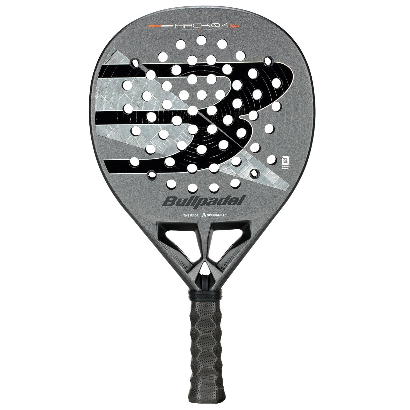 The Bullpadel HACK 04 Hybrid 2026 Padel Racket by Bullpadel is black with a textured face, circular perforations, a large stylized "B" on the front, a wrapped grip handle, and features Total Channel technology.