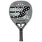 The Bullpadel HACK 04 Hybrid 2026 Padel Racket by Bullpadel is black with a textured face, circular perforations, a large stylized "B" on the front, a wrapped grip handle, and features Total Channel technology.