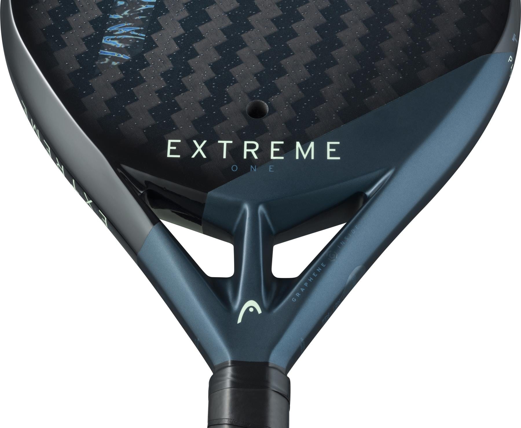 Close-up of the HEAD Extreme One 2025 Padel Racket by HEAD in dark blue and black, featuring a 12K Carbon Fibre texture and "EXTREME" in white, designed for extreme spin on the court.
