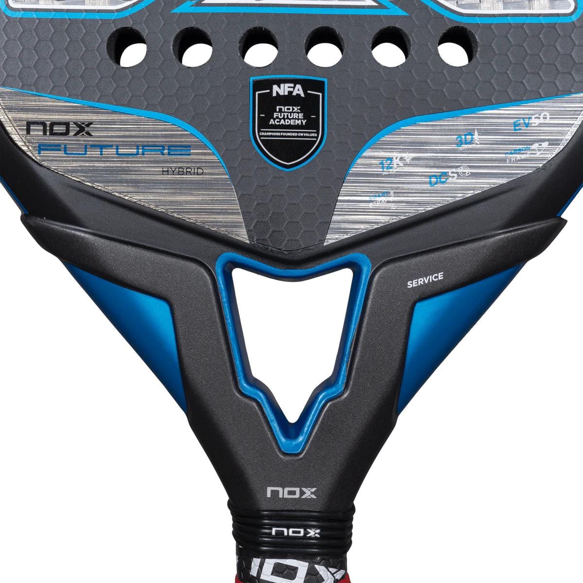 Close-up of the NOX NFA Future Hybrid 12K Alum Padel Racket, a versatile racket by NOX with a black, blue, and silver design, displaying the Future Academy logo and "SERVICE" on its carbon frame.