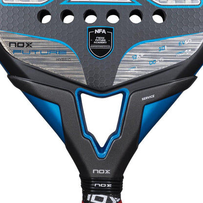Close-up of the NOX NFA Future Hybrid 12K Alum Padel Racket, a versatile racket by NOX with a black, blue, and silver design, displaying the Future Academy logo and "SERVICE" on its carbon frame.