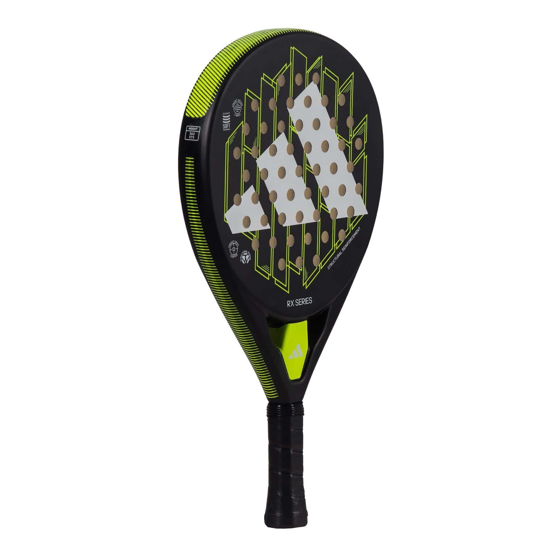 The adidas ADIDAS RX Series Lime Padel Racket features a black and neon green design with a perforated surface, bold white logo at the center, and comfortable black grip tape—ideal for beginner to intermediate players.
