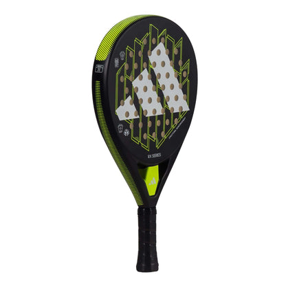 The adidas ADIDAS RX Series Lime Padel Racket features a black and neon green design with a perforated surface, bold white logo at the center, and comfortable black grip tape—ideal for beginner to intermediate players.