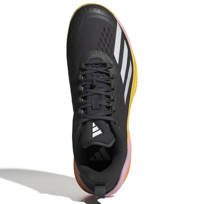 The ADIDAS Adizero Cybersonic Men's All Court Shoes in Aurora Black, Zero Metallic, and Spark present a striking look from above. This sleek sneaker features a lace-up design, textured sole, and Energy Rods for improved performance.