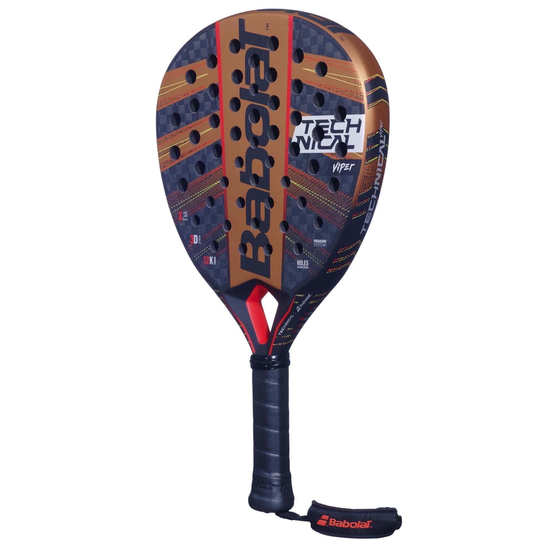 The Babolat Technical Viper Padel Racket features a black and gold design with "TECHNICAL Viper" on the front, perforated surface for power and spin, black grip, and a red-black wrist strap.